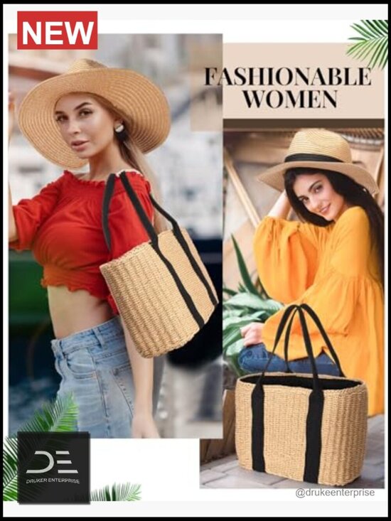 Straw Bag with Rattan Wicker Hat and Tassel Earrings Set Boho Summer Accessories main image 5